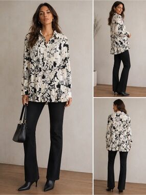 Zara Black White Floral Drop Waist Peplum Tunic Shirt Top L monochrome
